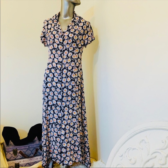 VINTAGE Sunflower Print Button Down Maxi Dress - Picture 2 of 8